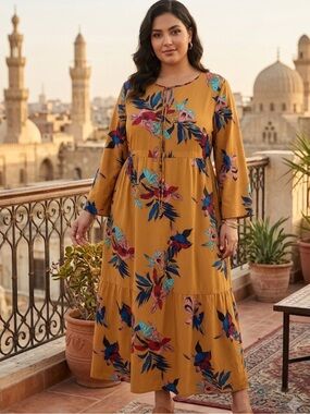 New Floral Maxi Dress - Mustard Yellow - Size XL - Boho Chic